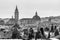 Black and white panoramic view of the skyline of the historic center of Pistoia, Italy