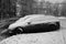 Black and white parked cars covered with snow after a blizzard