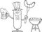 Black And White Patriotic Sausage Cartoon Character Holding A Beer And Weenie Next To BBQ