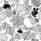 Black and white pattern bird on the branch and autumn leaves.