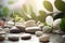 Black and white pebble stones and green plant leaves flowers in a calm relaxing spa environment Generative AI Illustration