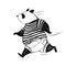 Black and white pencil illustration. Running panda in t-shirt