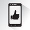 Black and white phone with symbol thumb up. Flat icon of smartphone. Vector