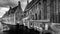 Black and White photo of the 12th Century historic Saint John`s Hospital in the Medieval City of Bruges