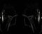Black and white photo of 2 masks of grim reaper turned into different directions, slightly grainy. Carnival silver spooky 3D