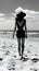 Black and white photo of amazing beach landscape view with beautiful back view of model lady. generative ai