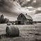 a black and white photo of a barn and hay bales