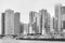 Black and white photo of Chicago modern waterfront.