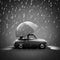 Black and white photo of cute retro car with umbrella and heavy rain.