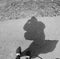 black and white photo of a distorted shadow of a women taking a picture