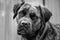 A black and white photo of the face of a big, brindle boerboel/mastiff dog looking into the camera