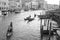 Black and white photo of the grand canal in venice, italy.
