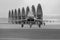 Black and white photo of head on view of Typhoon 938 taxiing at RAF Coningsby - stock photo