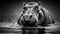 A black and white photo of a hippo in the water, AI