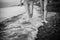 A black and white photo of the legs of a couple in love, walking along the ocean