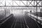 Black and white photo of railway tracks in fog with passenger and freight trains