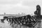 Black and White Photo of the Ruins of the 69th Street Transfer Bridge in the Hudson River of New York City on a Foggy Day