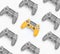 Black and white photo with selective yellow color, many gamepads