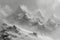 A black and white photo showcasing snow covered mountains, emphasizing the stark beauty of the landscape, Grayscale depiction of