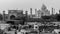 Black and White photo of Taj Mahal in cityscape