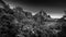 Black and White Photo of The Watchman Peak, Bridge Mountain and Sandstone Cliffs in Zion National Park