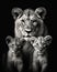 black and white photograph of a lioness and cubs