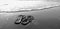 black and white picture Close up of Black slippers feet on  the beach with a wave of foaming gentle beneath them