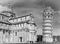 Black and white picture of the leaning tower of Pisa and cathedral