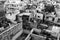 Black and white picture of urban decay and view of roofs in delhi