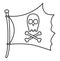 Black and white pirate flag icon. Line raider ship pennant with crossed bones and skull illustration.  Outline marine robber