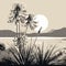 Black And White Plein Air Illustration Of Yucca Silhouette