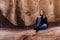 Black and White Portrait of Beautiful Attractive Young Modern Fashion Adult Model in Front of Natural Old Ancient Stone Red Rock W