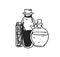 Black and white potion jars with magic liquids. Old corked bottles and vial of poison, elixir, mixtures and herbal