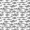 black and white predatory fishes - sharks and piranhas, seamless pattern. Vector design