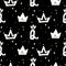 Black and white queen crown seamless pattern with royal symbol and paint dots.
