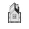 Black and white real estate stylized business vector icon, abstract house constructed with bricks. Graphic design