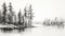 Black And White Realism: Serene Pine Trees By The Water