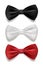 Black, white and red bow tie set. Classic silk or satin neckties vector illustration. Realistic gentleman formal luxury
