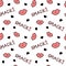 Black white and red seamless pattern background illustration with lips hearts and smack words