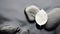 a black and white representation of a leaf resting on rocks in water, creating a serene and peaceful scene.