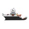 Black white research vessel, vector hand drawn isolated illustration, deep sea expedition ship on white background