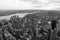 Black and white rooftop view from tall building in New York City