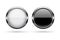 Black and white round buttons. Glass 3d shiny icons with chrome frame