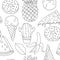 Black and white seamless linear pattern with cactus, ice cream, banana,