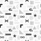 Black and white seamless pattern with abstract geometric, bold, linear, outline shapes. Brutalism, retro futurism style