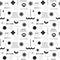 Black and white seamless pattern with abstract geometric, bold, linear shapes. grid, smiling face, flowers. Brutalism