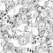 Black and white seamless pattern with adorable safari animals. Coloring page for adult and kids