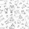 Black white Seamless pattern of cute doodle outline vector cartoon animals at the farm. Sheep, ram, cow, bull, calf, chicken,