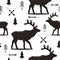 Black and white with seamless pattern with deers, fir-trees, arrows