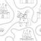 Black and white seamless pattern with fairy tale knight, road, castle, crown. Repeat background with fantasy armored warrior and